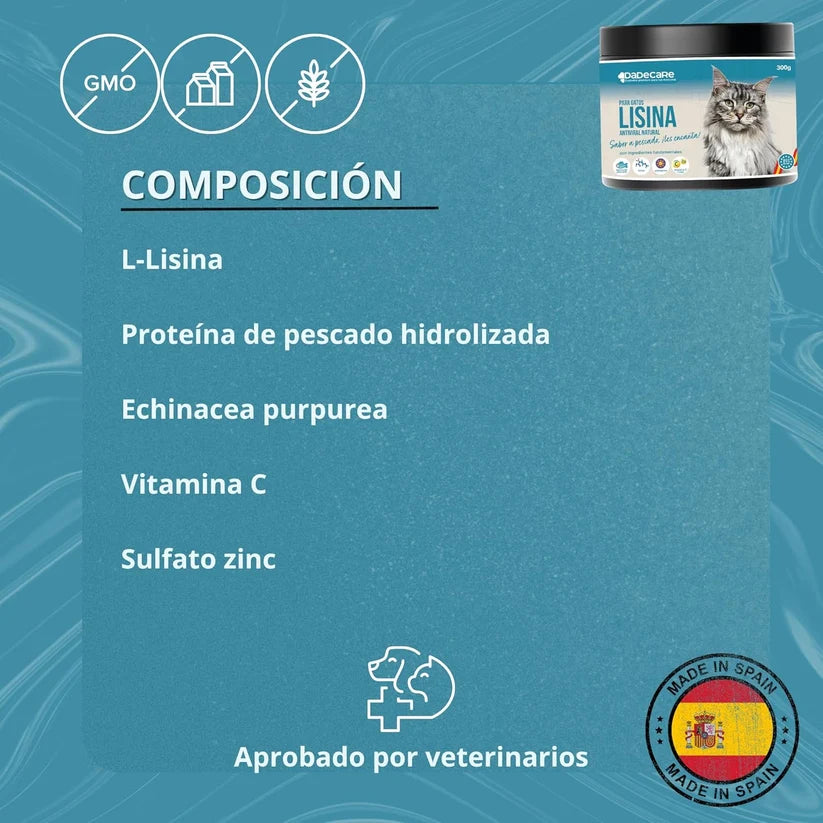 L-Lisina 300g para Gatos (Sabor Pescado) | Inmunidad y Herpesvirus Felino — DadeCare