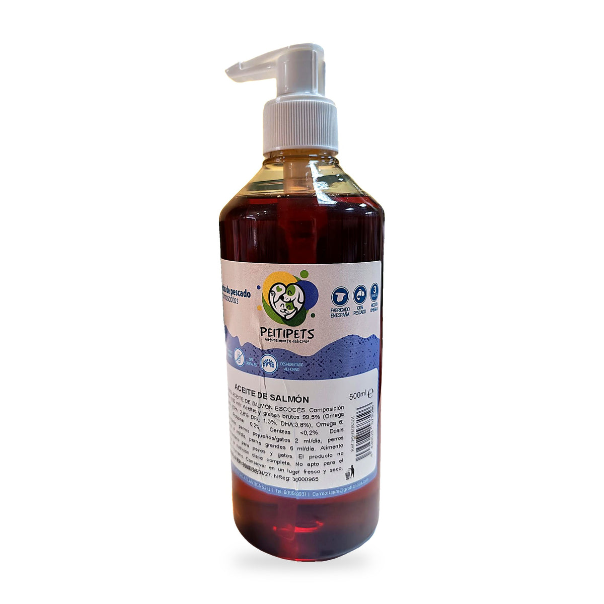 Etiqueta del aceite de salmón Peitipets con composición y dosis