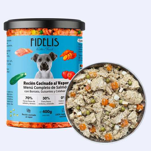 Tarro Fidelis 400 g -Salmón con boniato, guisantes y calabacín