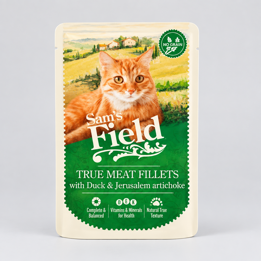 Comida Húmeda para Gatos Sam's Field Pouch - Filetes de Pato y Pollo con Alcachofa (85g)