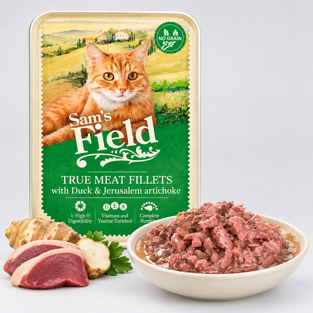 Comida Húmeda para Gatos Sam's Field Pouch - Filetes de Pato y Pollo con Alcachofa (85g)