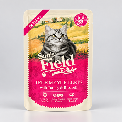 Comida Húmeda para Gatitos Sam's Field Pouch - Filetes de Pavo y Pollo con Brócoli (85g)