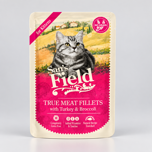 Comida Húmeda para Gatitos Sam's Field Pouch - Filetes de Pavo y Pollo con Brócoli (85g)