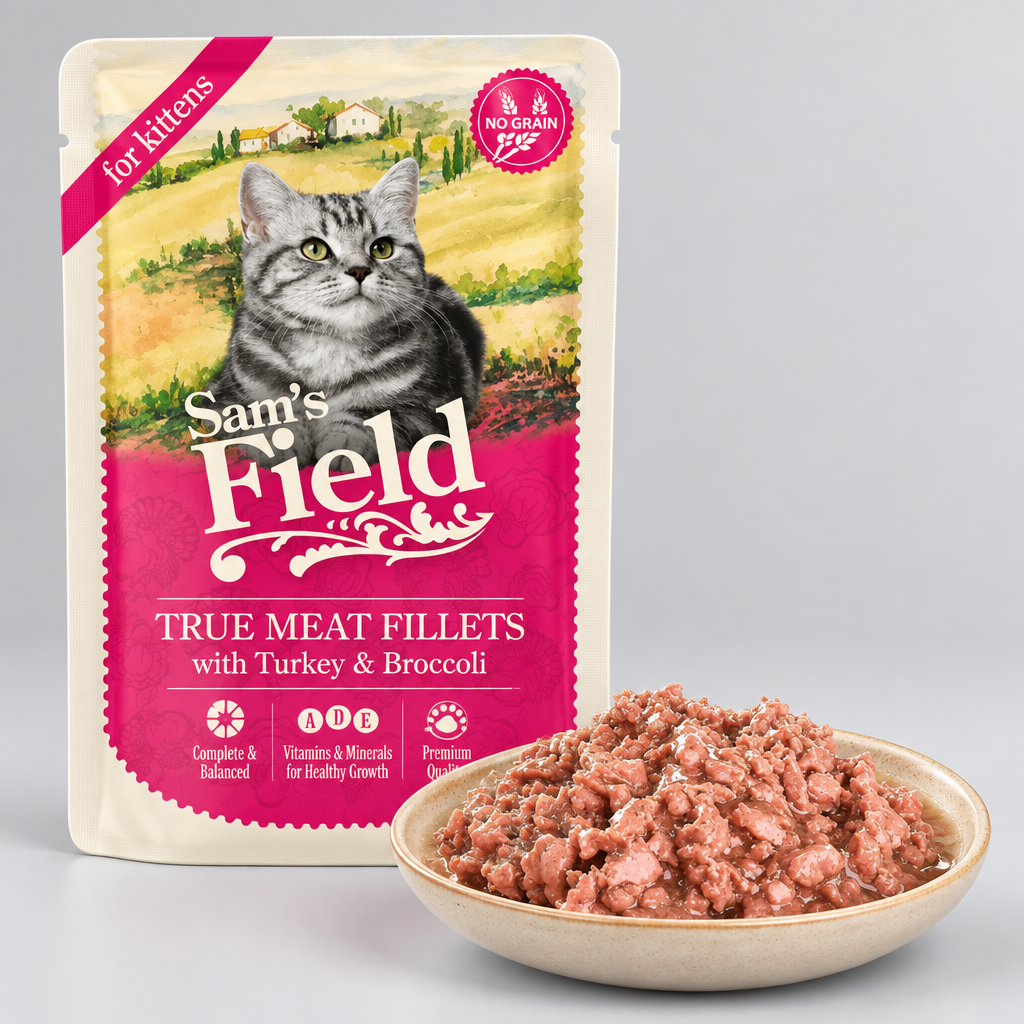 Comida Húmeda para Gatitos Sam's Field Pouch - Filetes de Pavo y Pollo con Brócoli (85g)