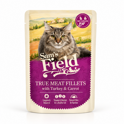 Comida Húmeda para Gatos Sam's Field Pouch - Filetes de Pavo y Pollo con Zanahoria (85g)