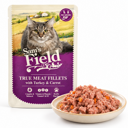 Comida Húmeda para Gatos Sam's Field Pouch - Filetes de Pavo y Pollo con Zanahoria (85g)