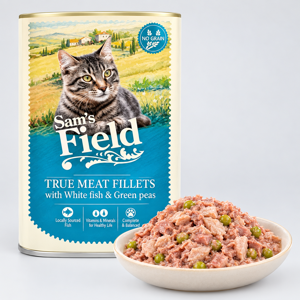 Comida Húmeda para Gatos Sam's Field Pouch - Filetes de Pescado Blanco con Guisantes (85g)