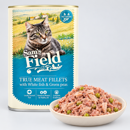 Comida Húmeda para Gatos Sam's Field Pouch - Filetes de Pescado Blanco con Guisantes (85g)