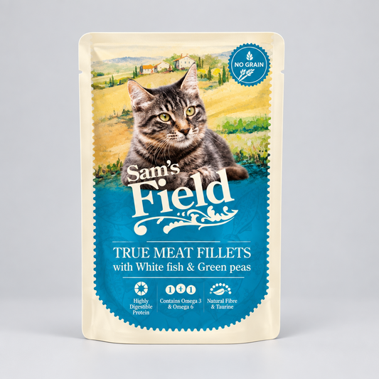 Comida Húmeda para Gatos Sam's Field Pouch - Filetes de Pescado Blanco con Guisantes (85g)