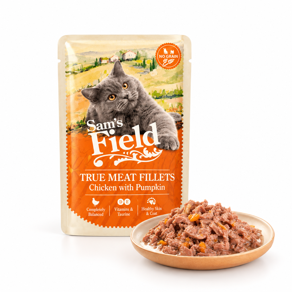 Comida Húmeda para Gatos Sam's Field Pouch - Filetes de Pollo con Calabaza (85g)
