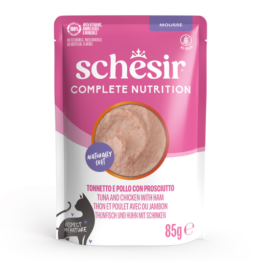Schesir CAT Mousse Atún con Pollo y Jamón para Gatos