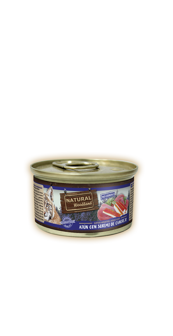 Lata Natural Woodland gato atún con surimi de cangrejo