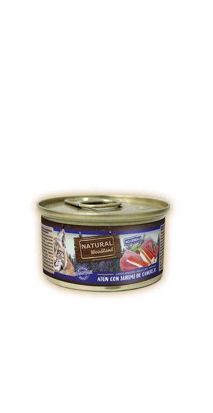 Lata Natural Woodland gato atún con surimi de cangrejo