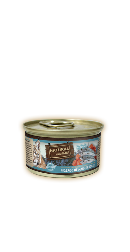 Lata Natural Woodland gato pescado de mar con tomate